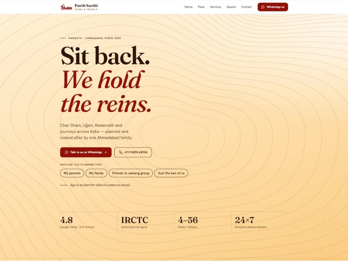 Parth Sarthi Tours & Travels homepage: "Sit back. We hold the reins." with WhatsApp and phone buttons on a soft saffron background