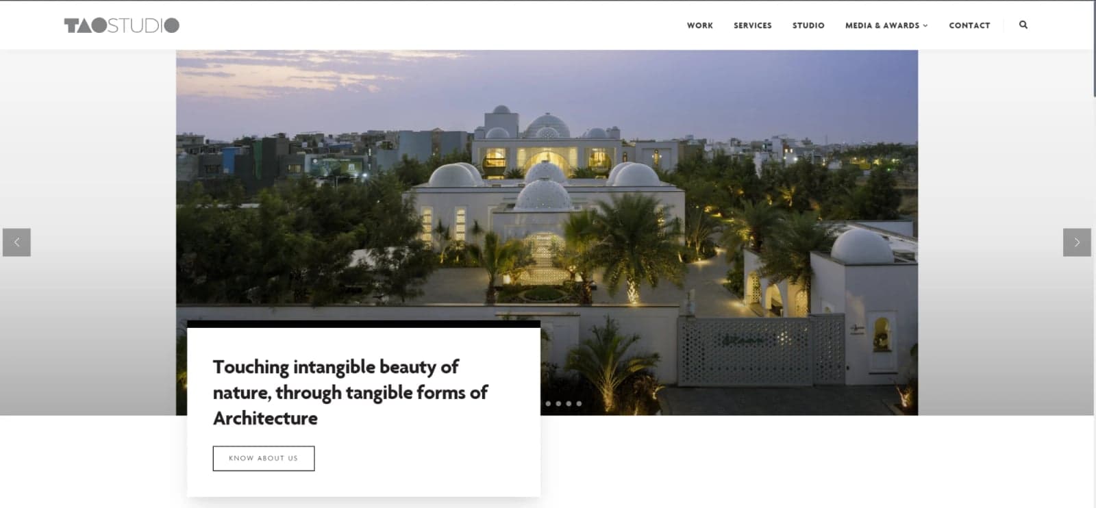 Tao Architecture homepage: a white domed villa among palm trees at dusk, with the line "Touching intangible beauty of nature, through tangible forms of Architecture"