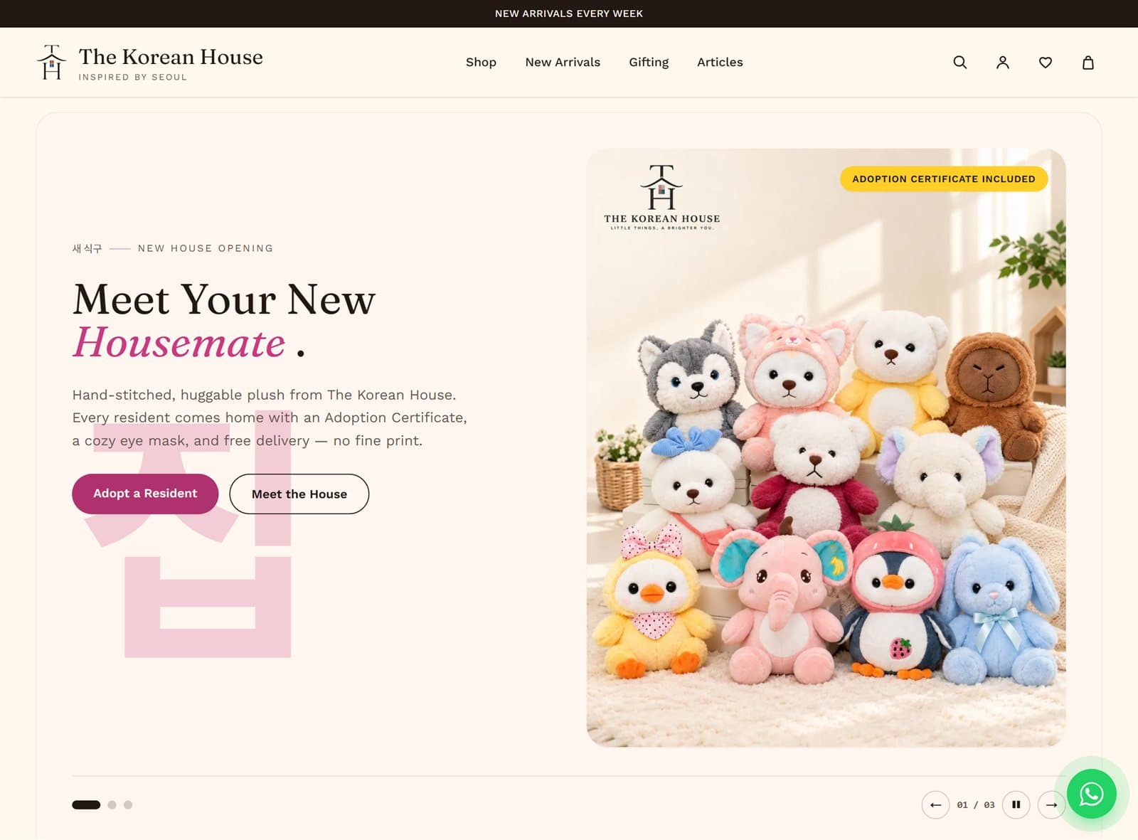 The Korean House homepage: a "Meet Your New Housemate" banner beside a group of plush toys