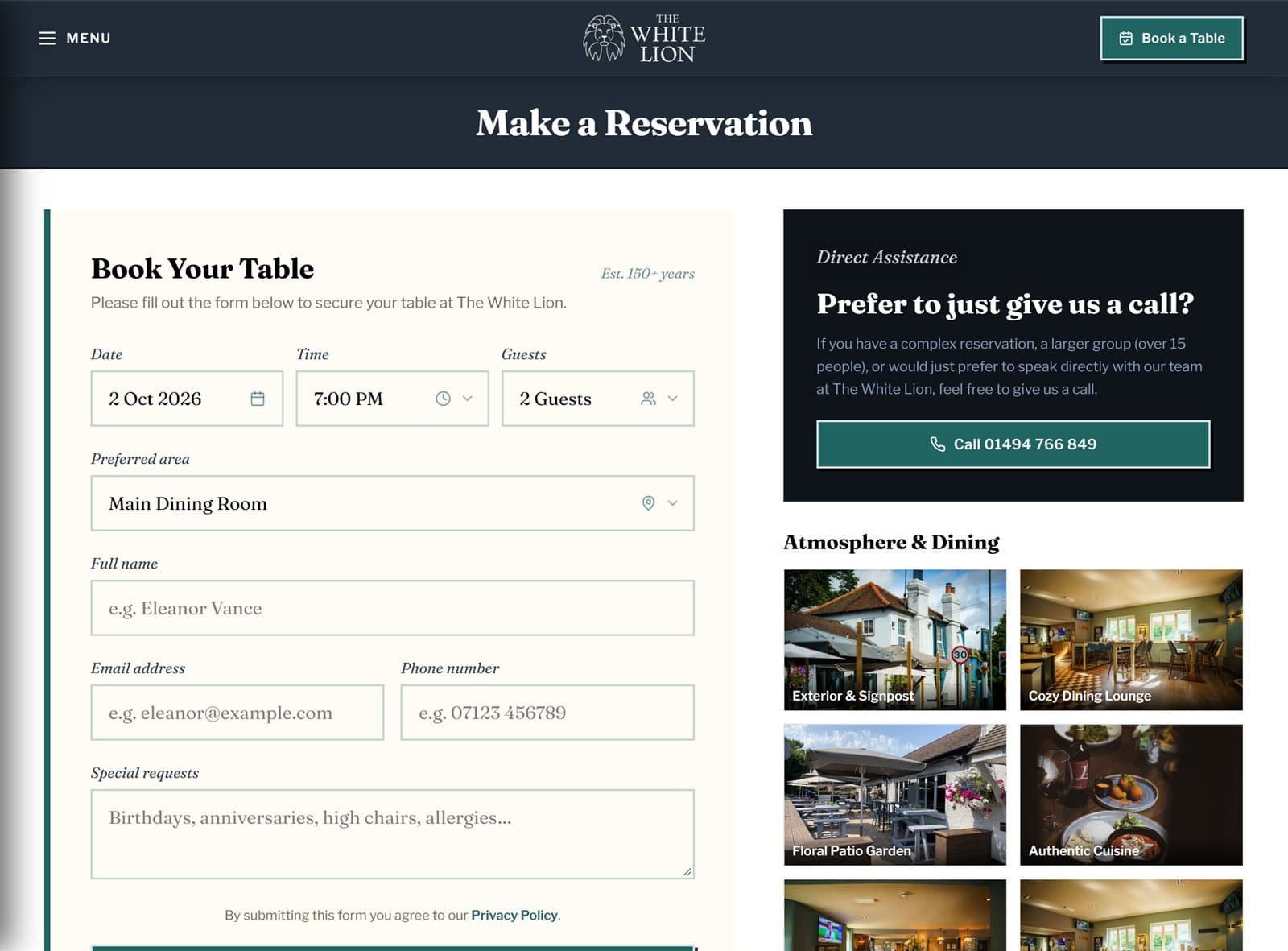 The White Lion concept: the Make a Reservation page, with date, time and guest pickers beside photos of the pub